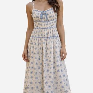 Spring Micro Floral Ruched Bodice Midi Dress Size L Cottagecore Peasant Romantic